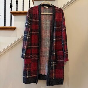 Viamor Plaid Open Front Long Cardigan – Red & Black